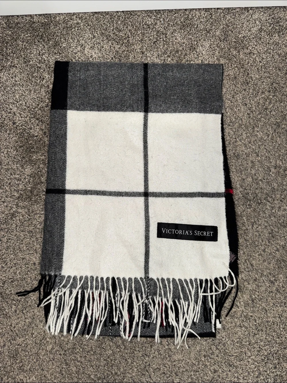Victoria's Secret Black & White Plaid Fringe Scarf with Subtle Red Accent 2020